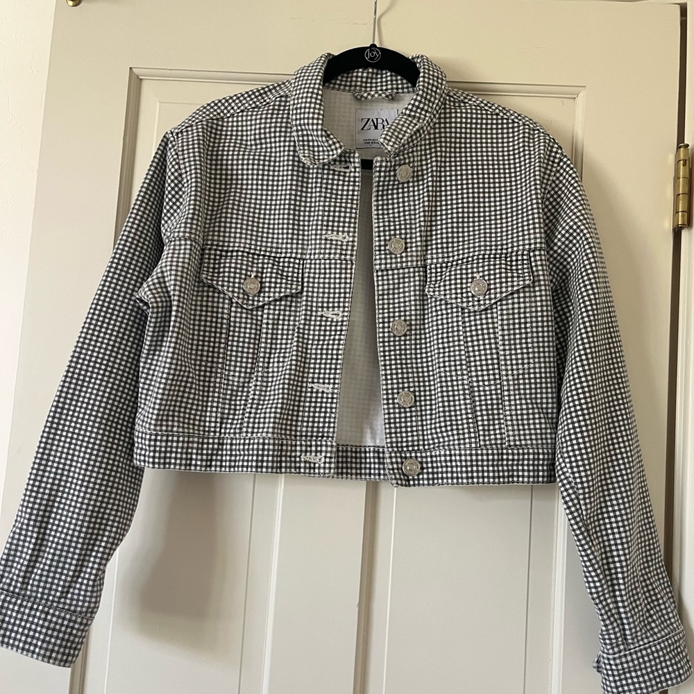 Zara Women’s Cropped Denim Jacket Checked Gingham Pattern Black/White Size XS